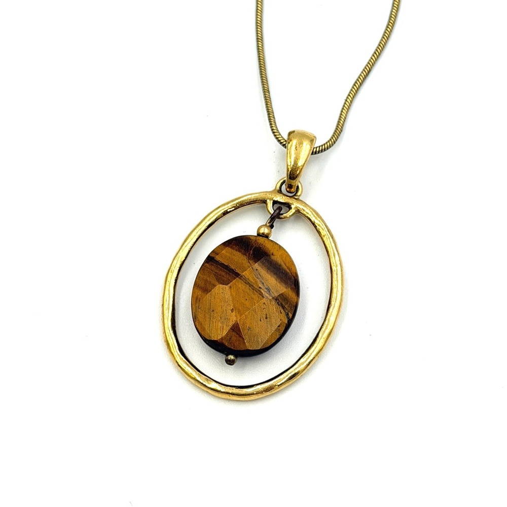 Vintage Tigers Eye Pendant Lia Sophia Gold Tone Necklace Brown Boho Y2K Earthy‎
